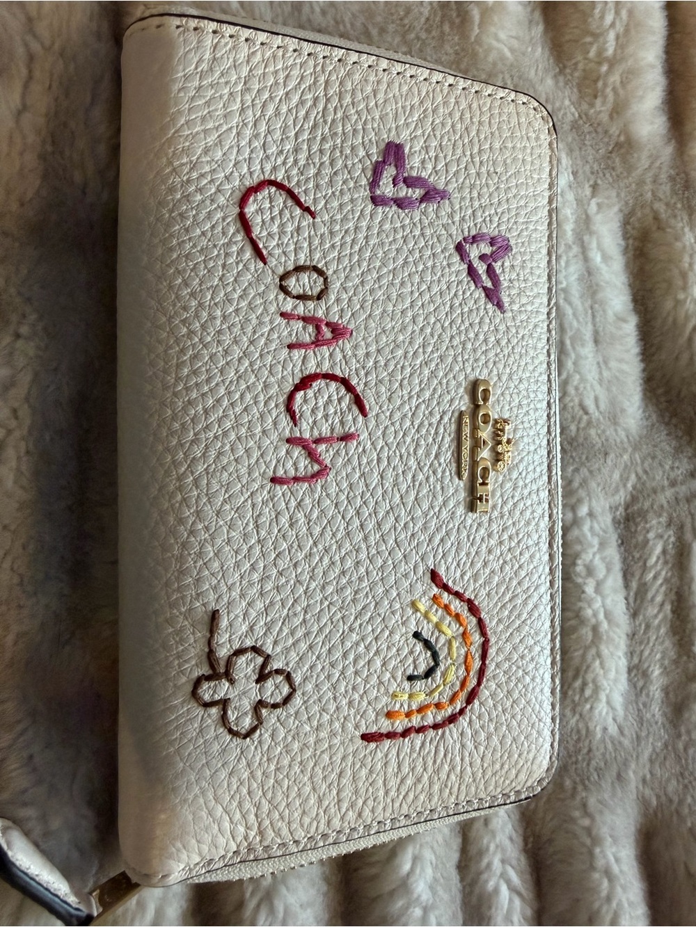 Coach White Pebbled Leather Wallet with Colorful Embroidery Accents